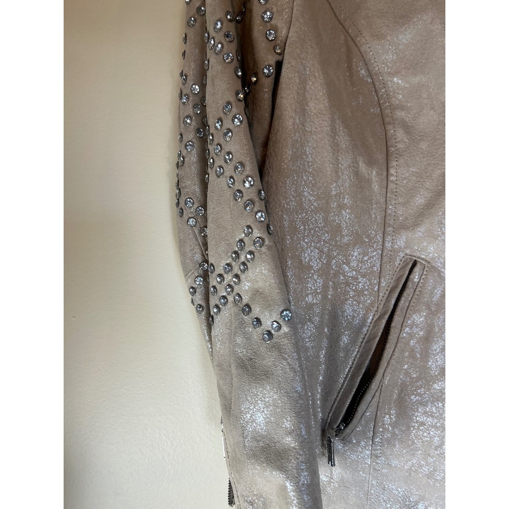Bradley Bayou Women's Shimmering Beige Silver Studded Leather Jacket Size Medium - Picture 6 of 11